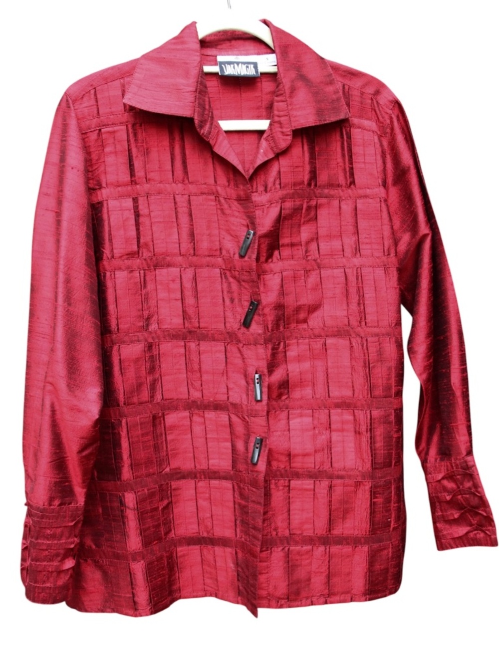 Yak Magik Women's Silk Tunic Blouse Red Raw Silk Front Button All Over Pleats